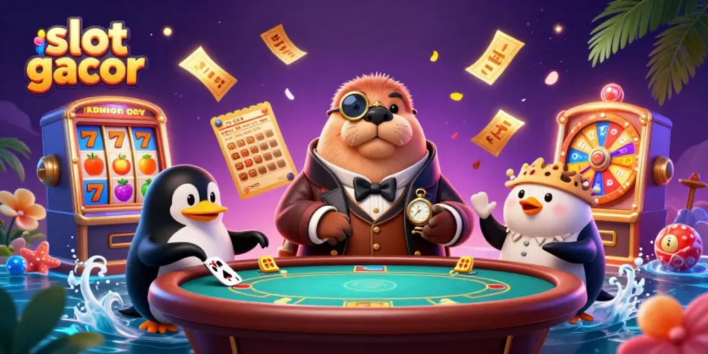 Experience the thrill of slot gacor with a jolly walrus at the poker table surrounded by vibrant casino elements.