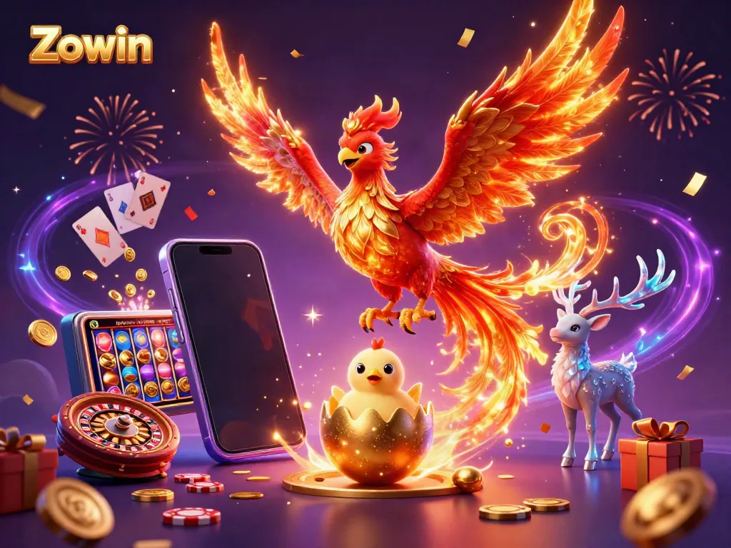Zowin offers thrilling slot experiences with a vibrant 3D phoenix and exciting casino elements.