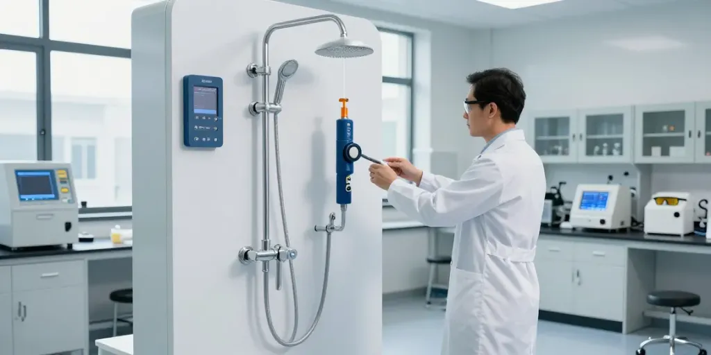 Körpernotdusche für Gewerbe showcased in a modern lab with a safety officer inspecting equipment.