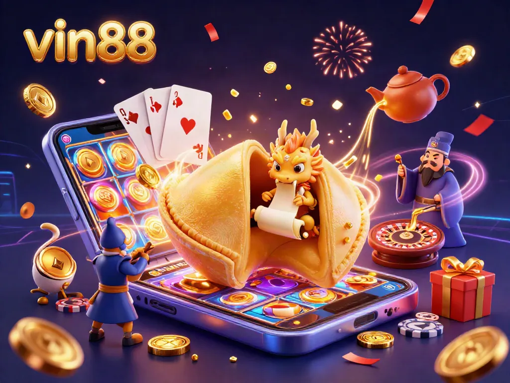 Win big at vin88 with a vibrant 3D illustration of a golden fortune cookie and dynamic gaming elements.