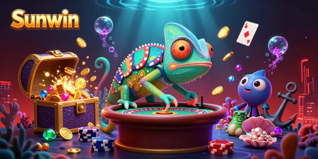 Experience the thrill of Sunwin with a vibrant chameleon owner and dynamic casino elements.