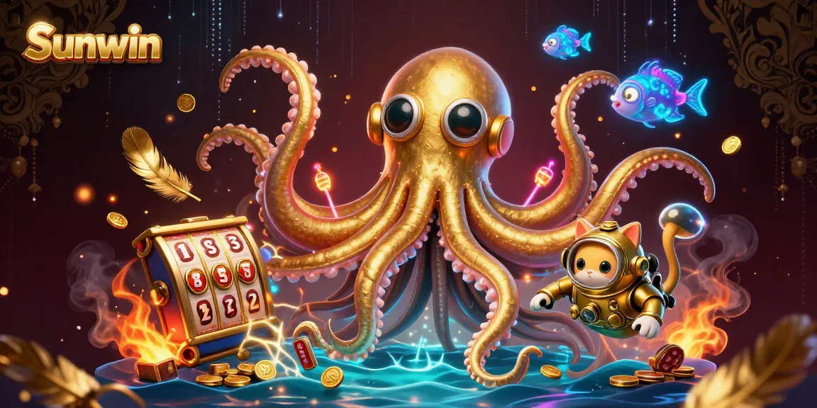 Engage in thrilling action at Sunwin with a colossal kraken and a diving cat among vibrant casino elements.