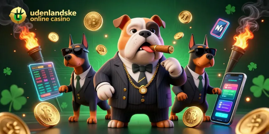 Engage with udenlandske online casino through a vibrant illustration featuring a mafia boss and Doberman bodyguards.