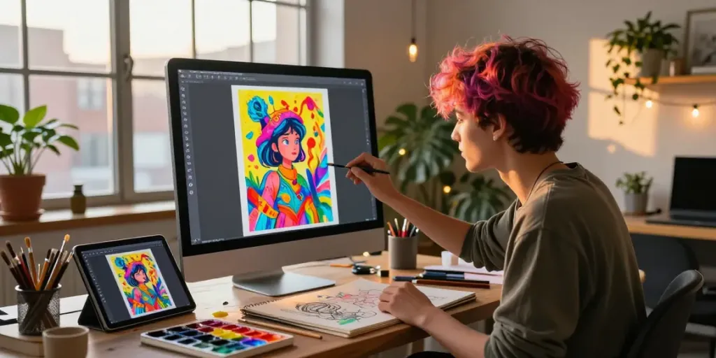 AI artist creating vibrant 18+ visuals in a cozy loft studio.
