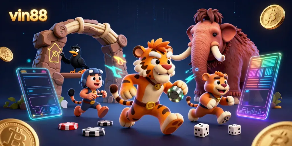 Experience vin88's prehistoric casino with vibrant characters and exciting gaming elements.