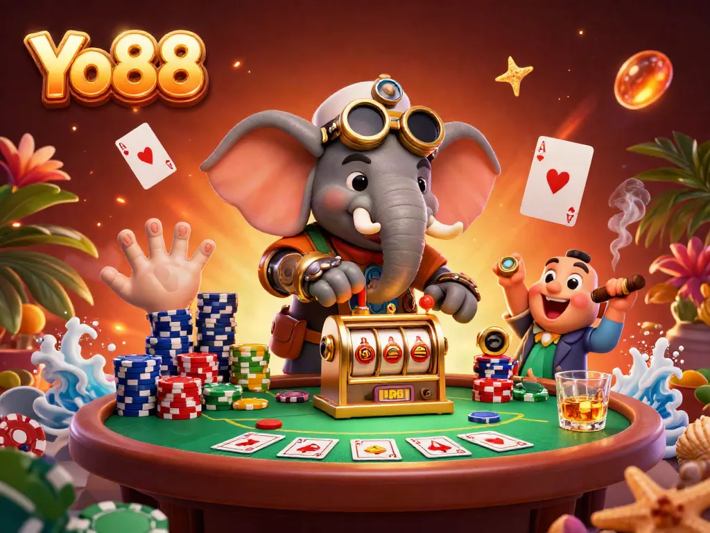 Spin the reels at Yo88, featuring a steampunk elephant and dynamic casino elements.