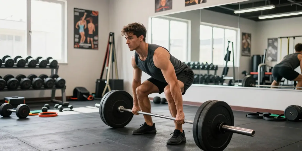 Deus Medical bietet hochwertige Anabolika in einem modernen Fitnessstudio an, in dem ein athletischer Mann mit Gewichten trainiert.