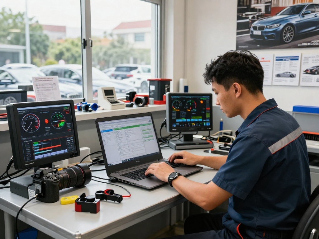 Chiptuning Hannover - Mechaniker optimiert BMW Motor in moderner Werkstatt