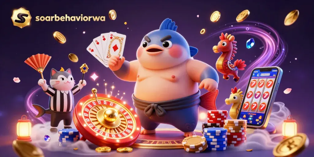 Engage in thrilling gaming with soarbehaviorwa featuring a lively underwater gambling scene with characters and casino elements.
