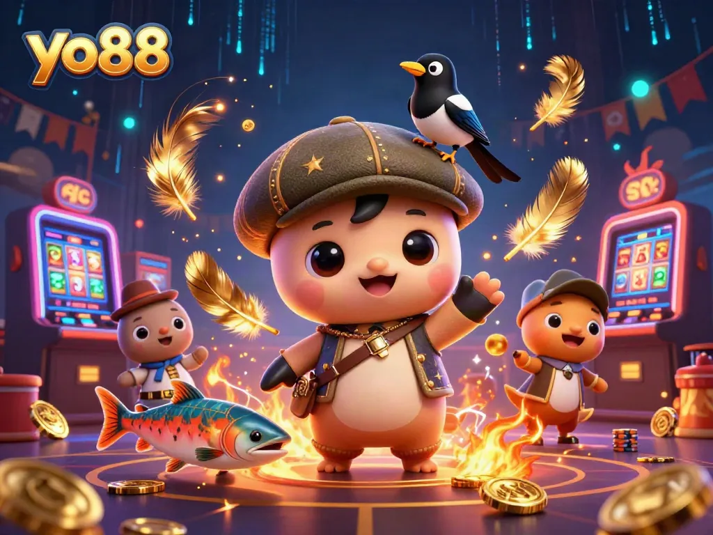 Experience excitement with yo88 at a vibrant casino scene featuring charming characters and gaming elements.
