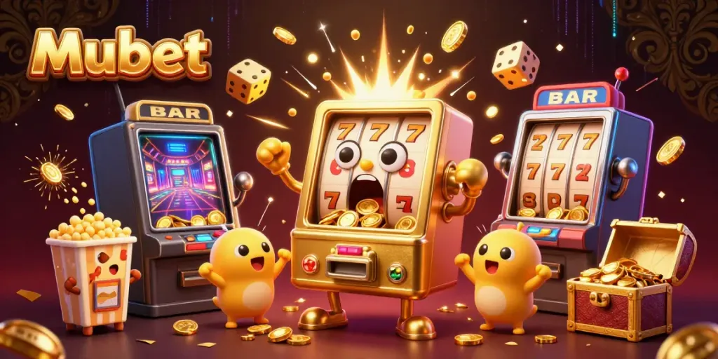 Mubet slot machines celebrate a jackpot with coins pouring out, embodying excitement and gaming joy.