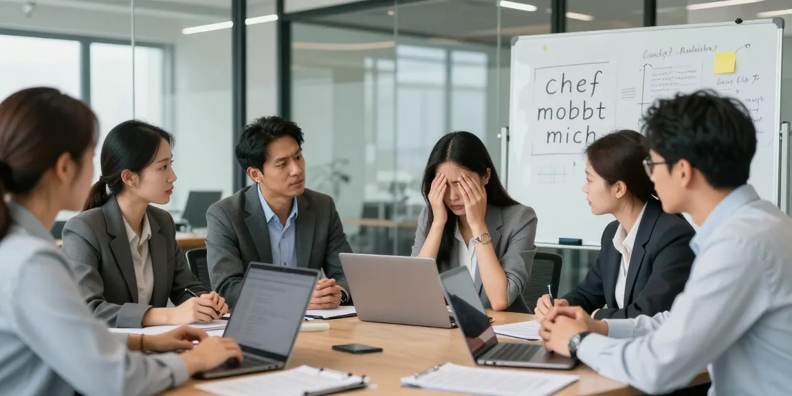 Professionals diskutieren über das Thema Chef mobbt mich in einem modernen Büro.