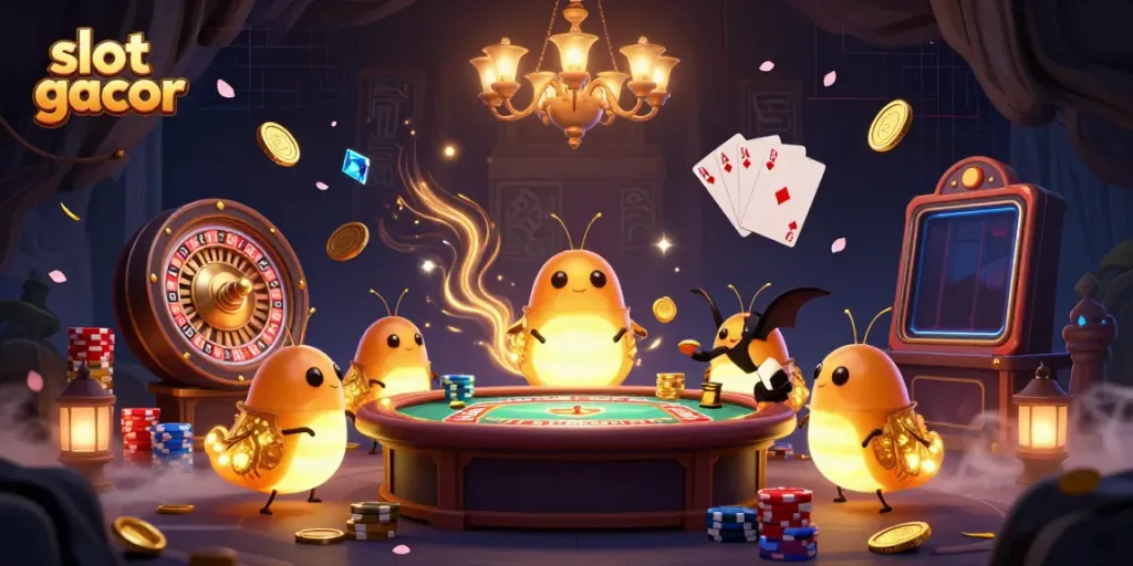 Experience a vibrant game atmosphere with slot gacor characters lighting up a cave casino.