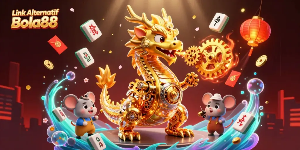 Engaging action in Link Alternatif Bola88 showcases a golden dragon amidst colorful casino elements.