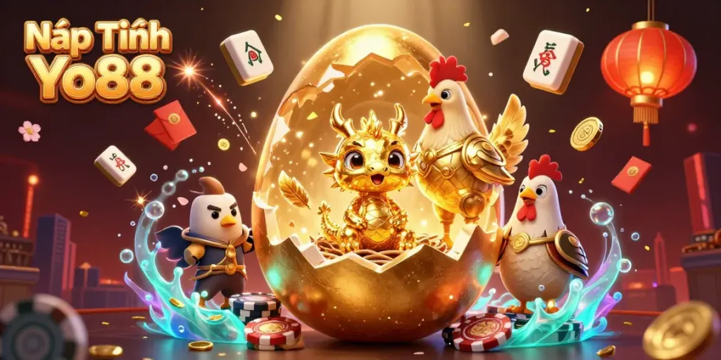 Nạp Tiền Yo88 features a baby dragon in gold on poker chips amidst festive gaming decor.