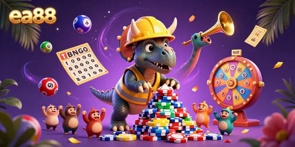 ea88 players celebrating with casino games and colorful lottery elements in dynamic 3D illustration.