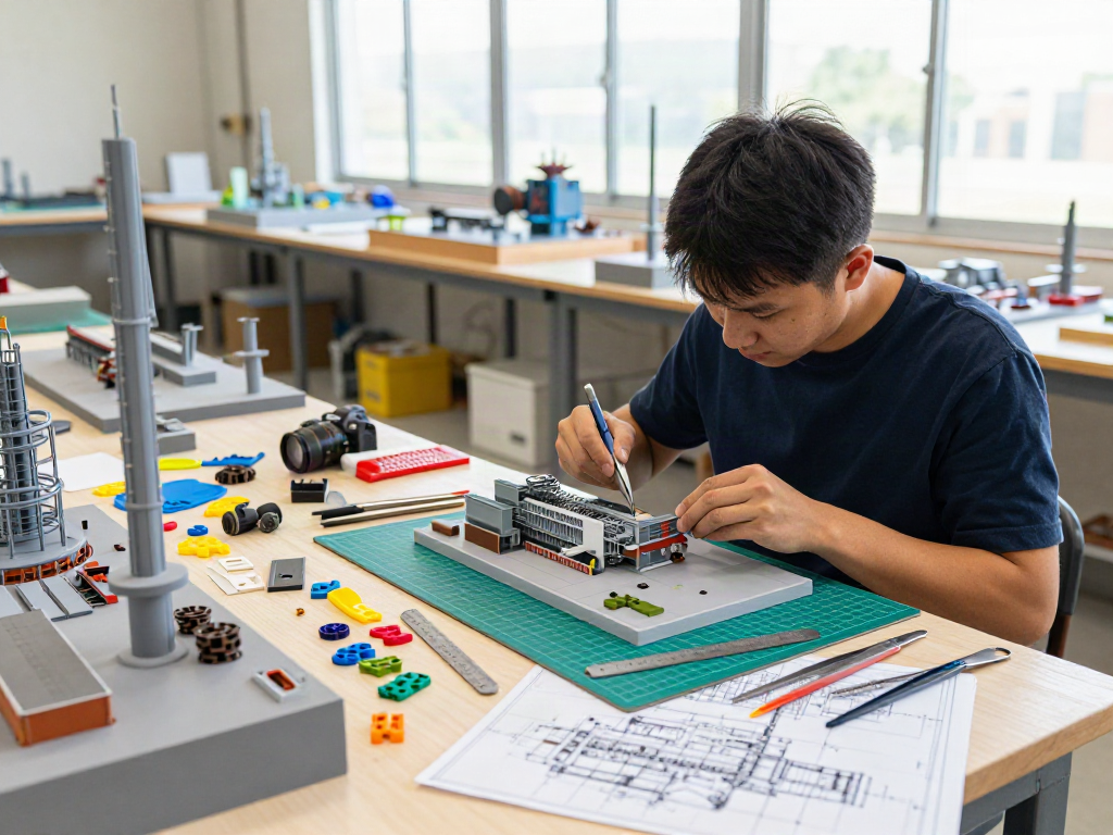 Industriemodellbau in der Werkstatt: Handwerker baut präzise Modelle in verschiedenen Maßstäben.