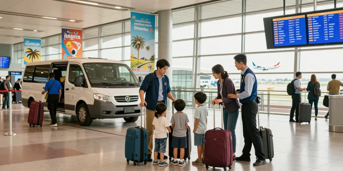 Family waiting for their airport transfer shuttle amid a busy terminal.