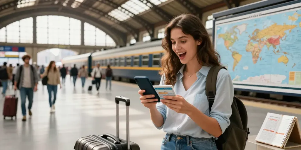 Frau beim Zugtickets online buchen in einem belebten Bahnhof mit Koffer und Reiseliteratur.