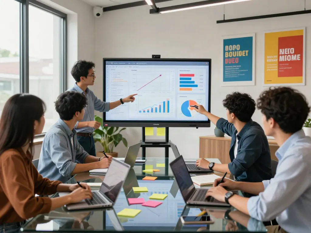 Digital marketing team discussing strategies for improving rokok88 visibility and SEO performance.