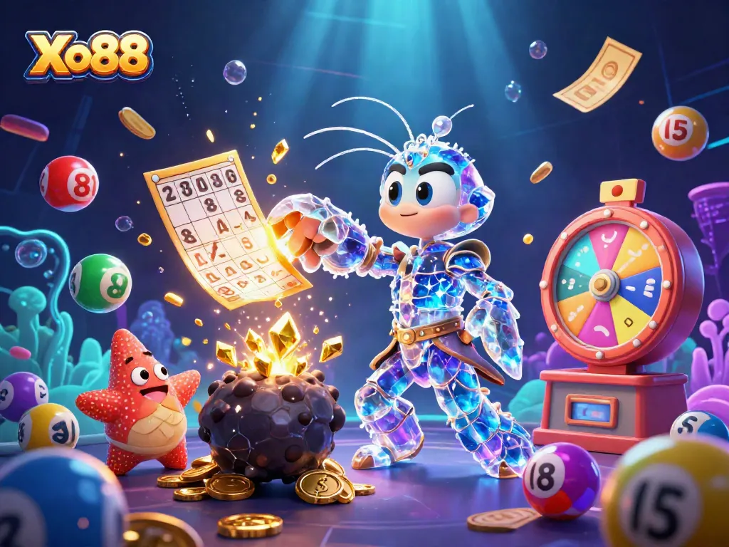 Engage with exciting Xo88 casino games, illustrated with colorful animated lottery elements in a vibrant scene.