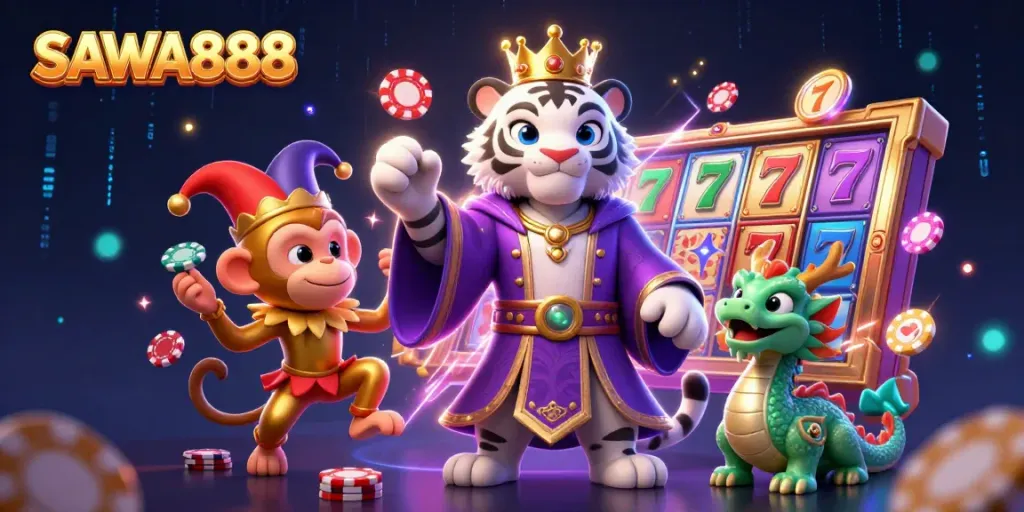 Experience the thrill of SAWA888 gaming with playful characters and vibrant slot elements.