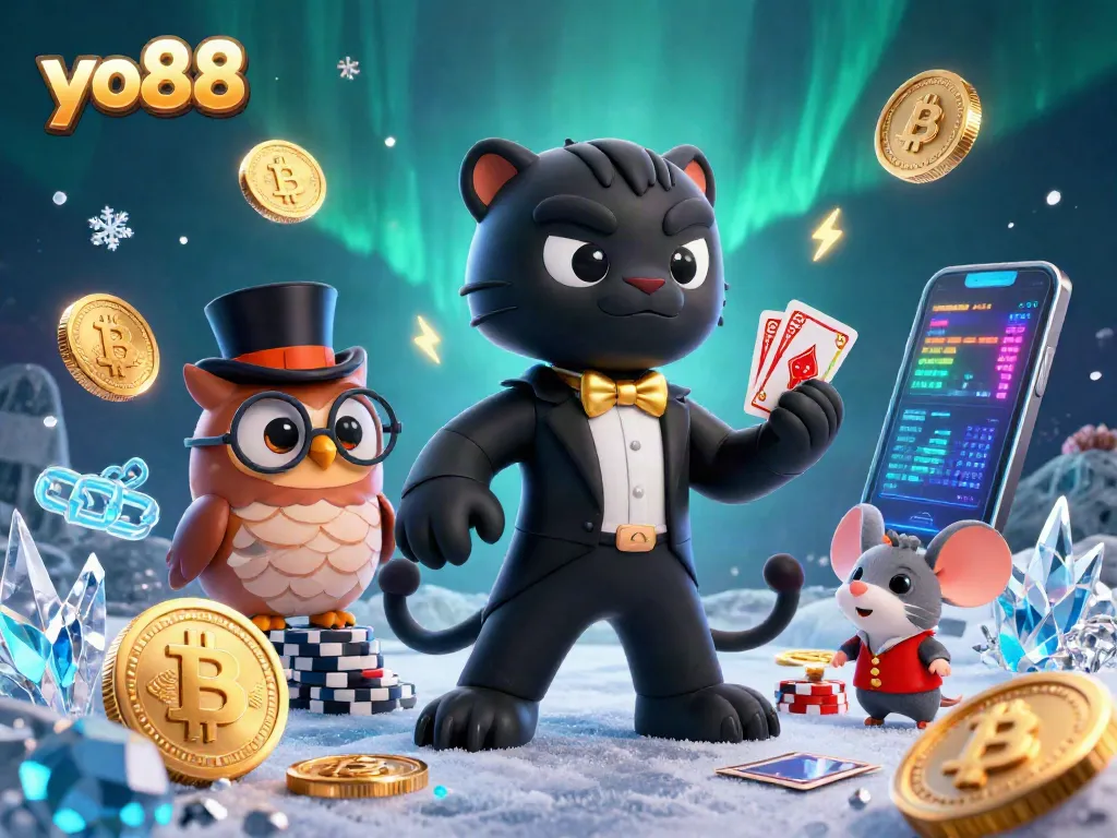 Join the excitement at yo88 with a stylish panther, wise owl, and lucky mouse in a vibrant casino scene.