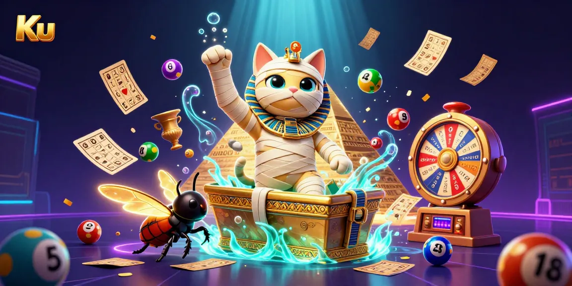 Play exciting lottery games with Ku, showcased as an Egyptian mummy cat in a vibrant casino scene.